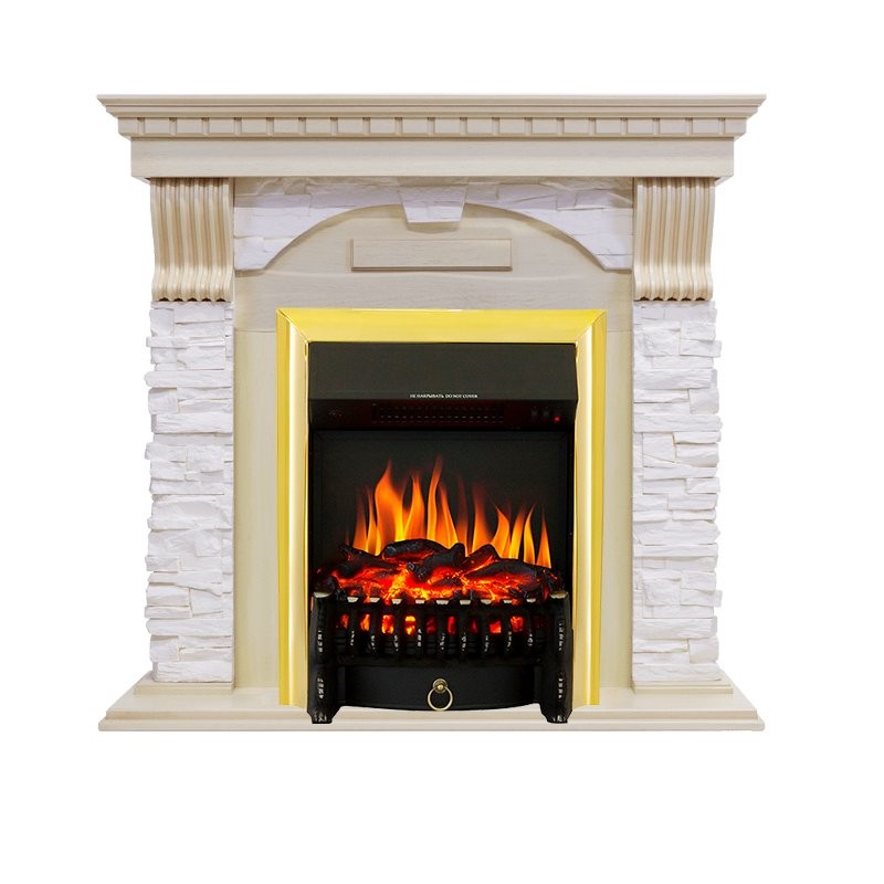 Каминокомплект Royal Flame Dublin - Слоновая кость с патиной / Сланец крем с очагом Fobos FX Brass