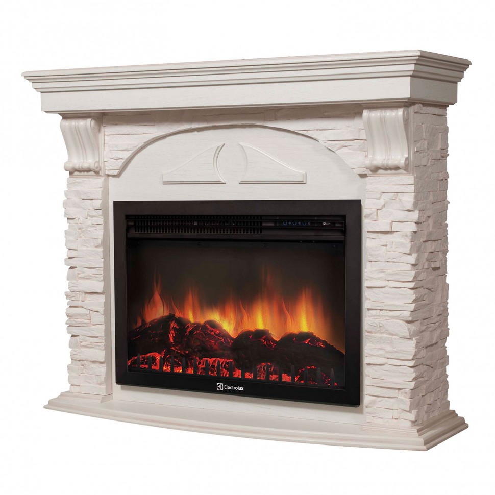 Каминокомплект Electrolux Torre 25S камень белый, шпон беленый дуб с панорамным очагом 2720RLS