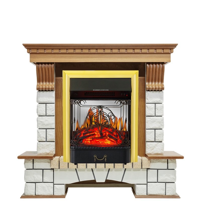 Каминокомплект Royal Flame Pierre Luxe - Дуб / Белый с очагом Majestic FX M Brass