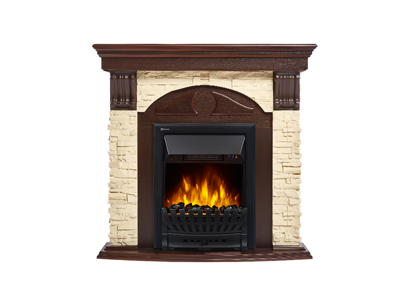 Electrolux Torre Classic камень слоновая кость, шпон темный дуб с очагом Majestic FX M Black